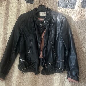 We The Free Black Leather Jacket with Zipper Accents